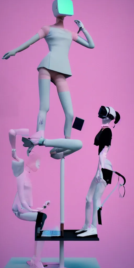 Image similar to 3d matte render, VR goggles, mannequins, dj rave party, Hsiao-Ron Cheng, pastel colors, hyper-realism, pastel, polkadots, minimal, simplistic, amazing composition, vaporwave, wow, Gertrude Abercrombie, Beeple, minimalistic graffiti masterpiece, minimalism, 3d abstract render overlayed, black background, psychedelic therapy, trending on ArtStation, ink splatters, pen lines, incredible detail, creative, positive energy, happy, unique, negative space, pure imagination painted by artgerm