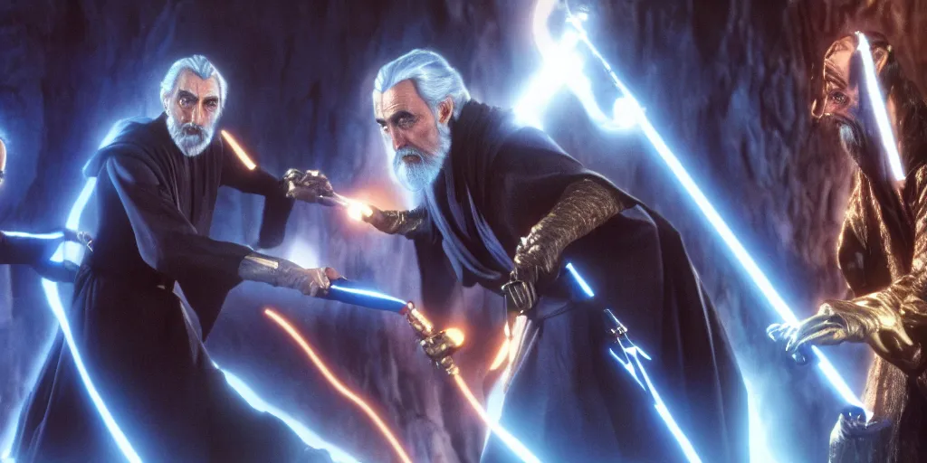 Prompt: Count Dooku with black beard and blue ligthsaber fights Yaddle from the phantom menace ultra realistic, 4K, movie still, UHD, sharp, detailed, cinematic, render, modern