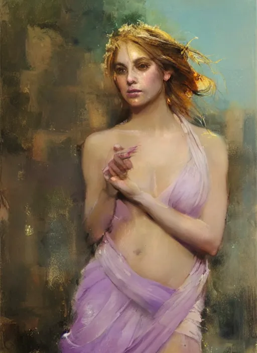 Image similar to painting of Aphrodite wearing a light purple sash over her shoulder, looking askance with a gentle sparkle in her eyes, by Jeremy Mann, detailed, stylized, loose brush strokes, bold colors, warm tones