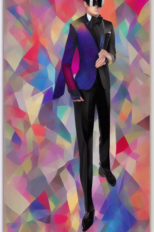 Image similar to hyper realistic male powersuit dapper look artwork of high - end haute couture bespoke fashion by ali sabet, lisa frank & sho murase