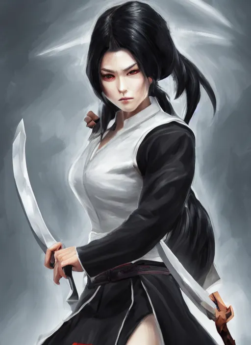 Image similar to a highly detailed illustration of fierce messy ponytail black haired one armed delinquent woman wearing japanese uniform cap wearing long white coat cape, dramatic wielding sword pose, muscular, intricate, elegant, highly detailed, centered, digital painting, artstation, concept art, smooth, sharp focus, league of legends concept art, wlop.