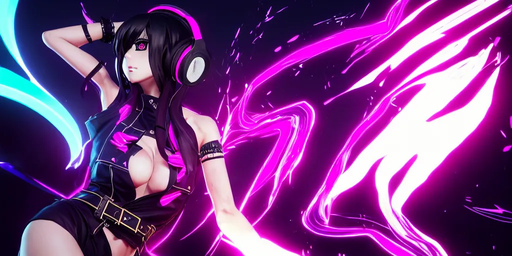 Image similar to KDA akali singing facing the camera centered with headphones on in the style of a code vein character, momo from twice in code vein in the style of WLOP, artgerm, yasutomo oka, rendered in unreal engine and redshift octane , background is surrounded by epic neon glitch effect digital art dynamic dramatic lighting, soft lighting, imagine fx, artstation, cgsociety, by Bandai Namco artist,