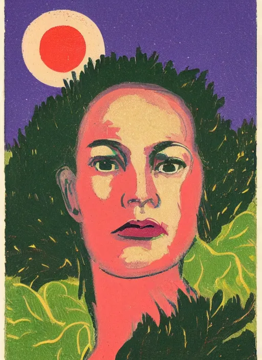 Prompt: an extreme close - up portrait of a lady in a scenic representation of mother nature and the meaning of life by billy childish, thick visible brush strokes, figure painting by anthony cudahy and by rae klein and by beal gifford, vintage postcard illustration, minimalist cover art by mitchell hooks