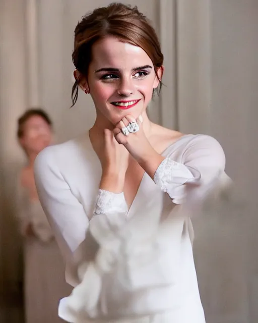 Image similar to A photo of laugh emma watson show wedding ring on his fingers. 50 mm. perfect ring. award winning photography