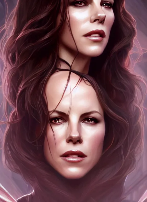 Image similar to portrait of kate beckinsale as a vampire lord, jewelry, greek, ruby, intricate, headshot, highly detailed, digital painting, artstation, concept art, sharp focus, cinematic lighting, illustration, art by artgerm and greg rutkowski, alphonse mucha, cgsociety