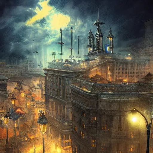 Image similar to A flying steampunk city in the stormy clouds at night, high quality digital art