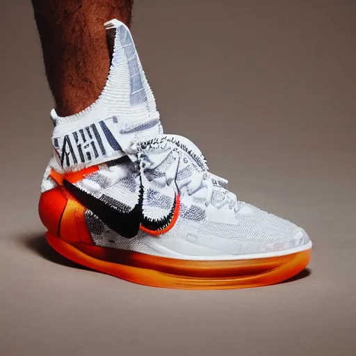 Image similar to a studio photoshoot of Nike Off-white Lebron sneakers designed by Virgil Abloh, knitted mesh material, gum rubber outsole, realistic, color film photography by Tlyer Mitchell, 35 mm, Graflex