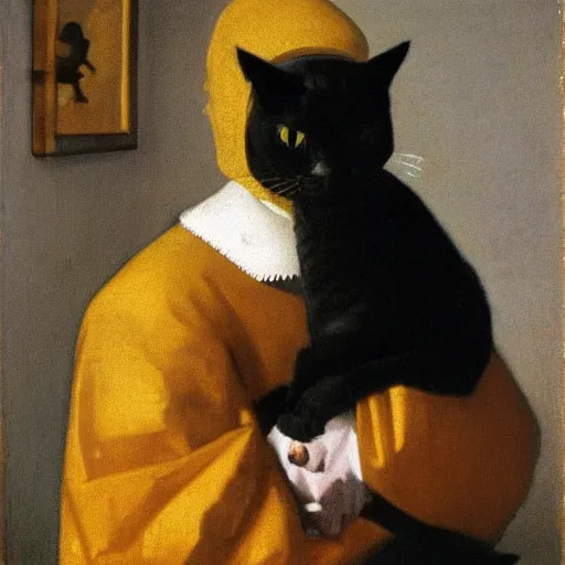 Prompt: portrait by vermeer of a black cat holding a pet human