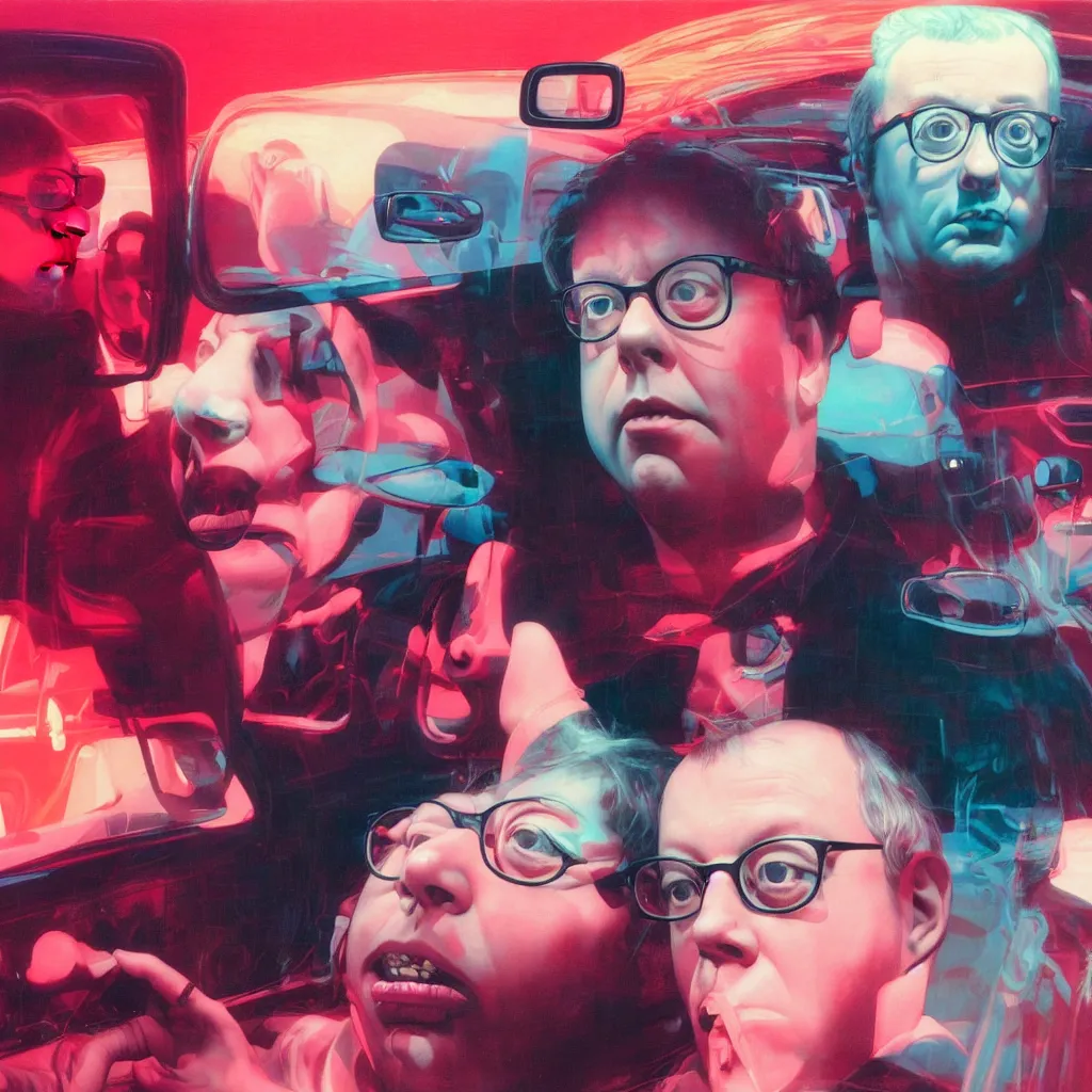 Prompt: weird and disturbing portrait of todd solondz driving a car in new york, vivid colors, death, neon, art by ( ( ( kuvshinov ilya ) ) ) and wayne barlowe and francis bacon and artgerm and wlop and william - adolphe bouguereau