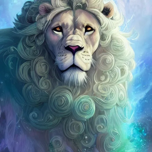 Image similar to aesthetic portrait commission of a albino muscular and attractive anthro lion with mane turning into green cosmic smoke while wearing an attractive pastel greek jeweled outfit floating inside a floating palace in the clouds, minimalistic art, hyperdetailed. Character design by charlie bowater, ross tran, artgerm, and makoto shinkai, detailed, inked, western comic book art, 2021 award winning painting