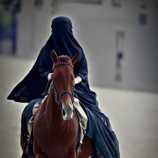 Image similar to burqa's woman, ride horse, taliban, riffle on chest, dust, cinematic, beautiful, dynamic pose, pinterest