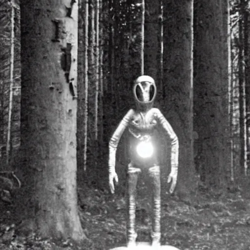 Image similar to old photograph of an occult alien shrine in an eerie forest with an astronaut standing in front of the shrine