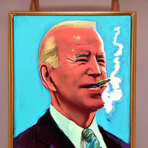 Image similar to oil painting of joe biden smoking a cigar, bright, pastel turquoise background, impressionist colors