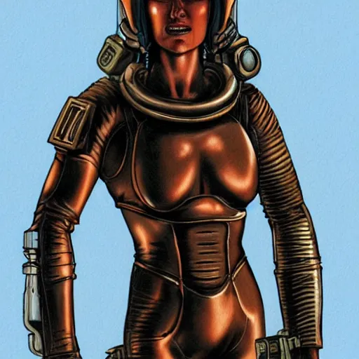 Image similar to a muscular bronze - skinned silver - eyed woman warrior wearing flight suit and kevlar vest, holding a ray gun, at spaceship airlock, highly detailed, ron cobb, alien 1 9 7 9, mike mignola, trending on art station, illustration, comic book