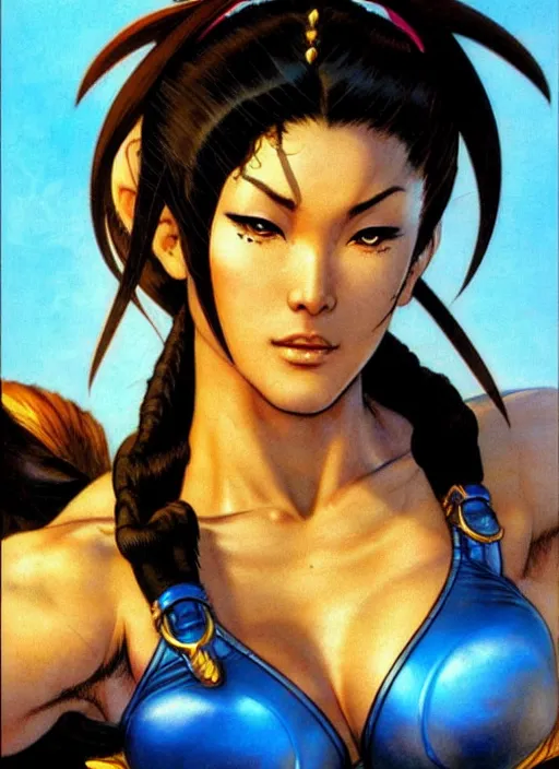 Image similar to portrait, chun - li from street fighter, by greg staples, frank frazetta, dorian cleavenger, sharp focus, intricate, summer day, sunlight, soft lighting, detailed