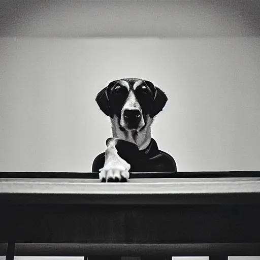 Prompt: “ dog at the head of a large conference table at a very intense meeting ”