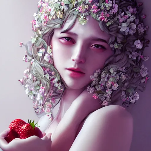 Image similar to the photoshoot of an absurdly beautiful, graceful, elegant, sophisticated young gravure idol made of strawberries and white petals with tears, an ultrafine hyperdetailed illustration by kim jung gi, irakli nadar, intricate linework, bright colors, octopath traveler, final fantasy, unreal engine 5 highly rendered, global illumination, radiant light, detailed and intricate environment