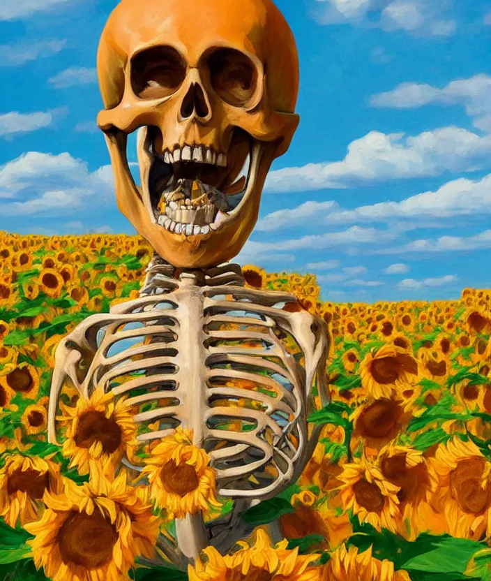 Image similar to a closeup portrait of a skeleton in an orange prisoner overall, standing in beautiful sunflower field, screaming and sad, highly detailed, aesthetic clouds in the sky, in the style of edward hopper, very fine brush strokes, 4 k,