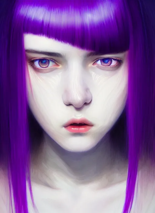 Image similar to hair whitebangs hair, black hair, whitebangs, portrait of teenage girl with white bangs, red irises, purple clothes, white bangs, bangs are different color from hair, intricate, elegant, glowing lights, highly detailed, digital painting, artstation, concept art, smooth, sharp focus, illustration, art by wlop, mars ravelo and greg rutkowski