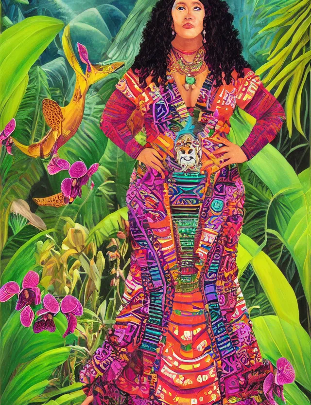 Prompt: plump aztec scifi queen of the orchid rainforest, wearing a lovely dress. this oil painting by the award - winning children's book author has an interesting color scheme, plenty of details and impeccable lighting.