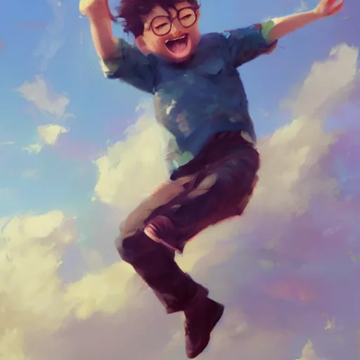 Prompt: Expressive painting of a happy boy flying through the air, digital art by Krenz Cushart, trending on artstation