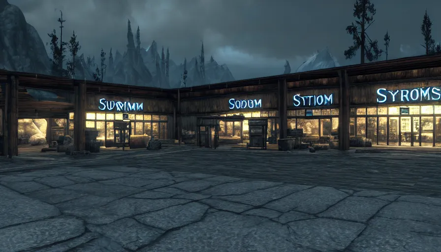 Image similar to skyrim screenshot of a blue modern walmart supercenter in the middle of the whiterun cloud district, shopping building, bokeh, 4 k, promotional photograph, enb, godrays, ultra render, anti - aliasing, post - processing