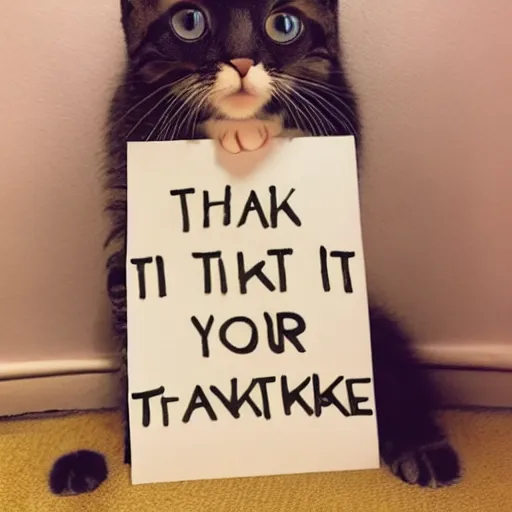 Prompt: a cute kitty holding a thank you sign