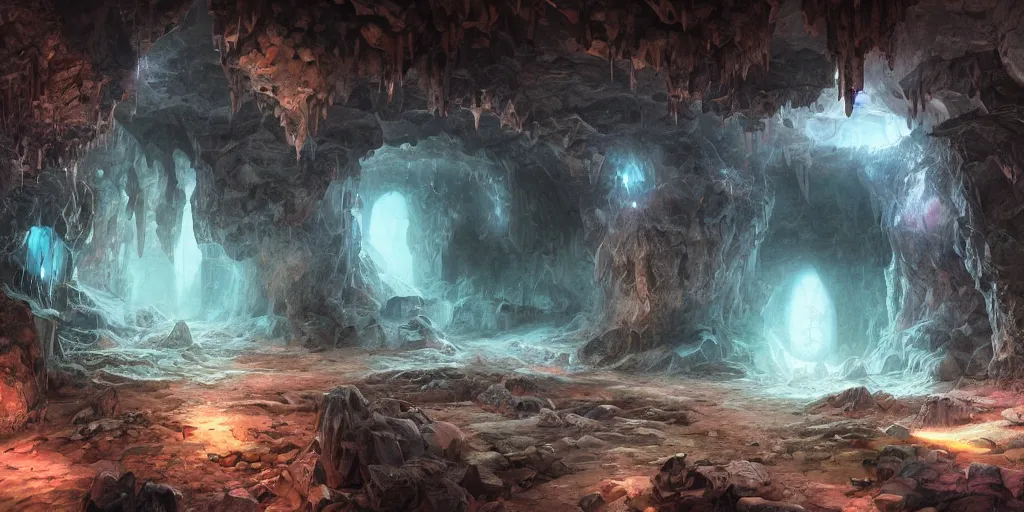 Image similar to fantasy matte painting of a cave with huge glowing crystals in the walls and piles of bones on the floor, fantasy, sharp focus, artstation