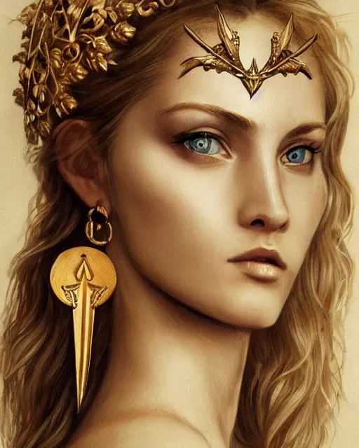 Prompt: beautiful aphrodite greek goddess wearing a golden laurel wreath and arrowhead earrings, hyper - realistic tattoo sketch, beautiful piercing eyes with sharp pupils, beautiful blonde hair, in the style of greg rutkowski, fantasy, amazing detail, epic, elegant, smooth, sharp focus