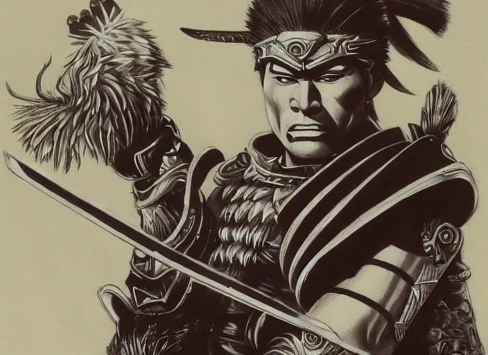 Image similar to toshiro mifune as an ancient warrior, extremely detailed, fantasy art, great quality, d & d,