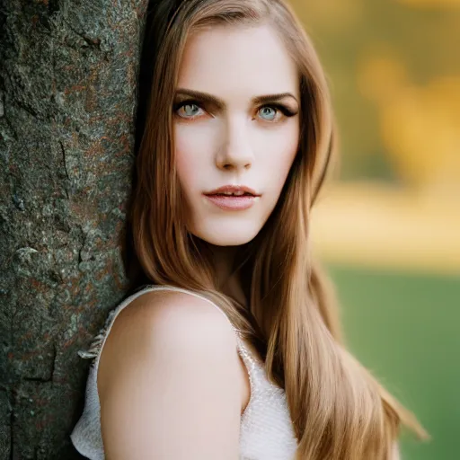 Image similar to professional outdoor portrait of a very beautiful young woman with gorgeous eyes, high cheek bones, flowing hair, medium format, 8 5 mm f 0. 9, fuji 4 0 0 h