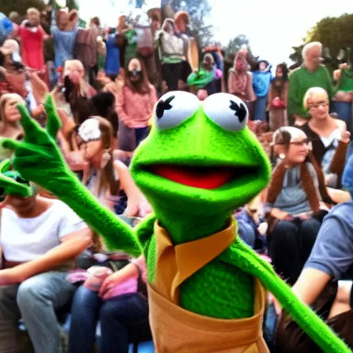 Image similar to cult worshipping kermit the frog