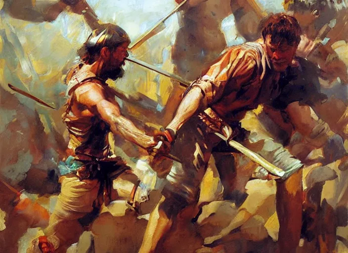 Image similar to a highly detailed beautiful portrait of king david slaying goliath, by gregory manchess, james gurney, james jean
