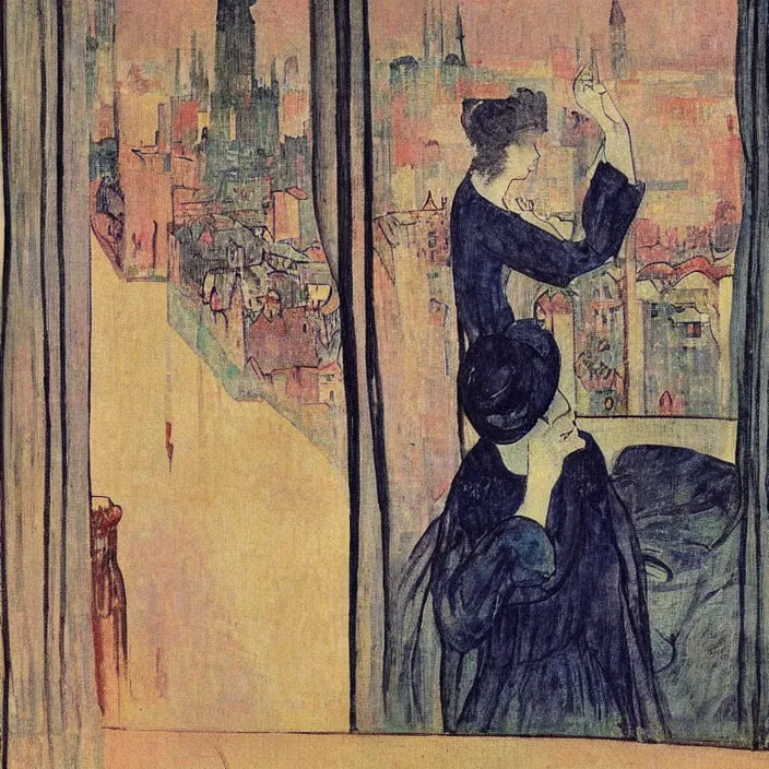 Prompt: portrait of sad woman and persian cat with city with gothic cathedral and tall trees seen from a window frame with curtains, vase. thunderstorm. mikalojus konstantinas ciurlionis, henri de toulouse - lautrec, utamaro, matisse, balthus