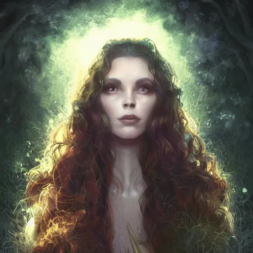 Image similar to head and shoulders portrait of a witch in a forest, dark fantasy, mystic, elegant, intricate, face, medium shot, trending on artstation, volumetric light, by Fernanda Suarez and Gil Elvgren