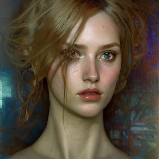 Image similar to hyperrealist portrait of a pretty young female robot with large sad eyes standing in front of a computer simulation by jeremy mann and alphonse mucha, fantasy art, photo realistic, dynamic lighting, artstation, poster, volumetric lighting, very detailed faces, award winning, full face, symmetry