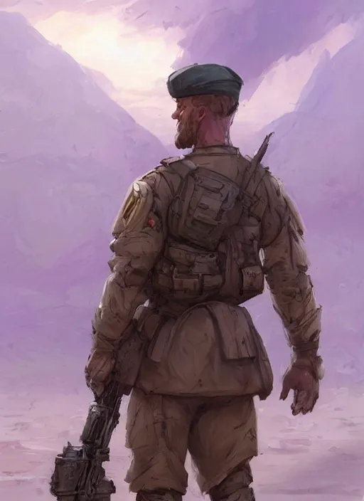 Prompt: purple scene lighting, detailed character portrait!!! concept art, strong muscular white male, soldier with beard, short hair, in a soldier uniform, desert with city in the background, sharp focus, illustration, highly detailed, digital painting, concept art, matte, art by wlop and artgerm and greg rutkowski, masterpiece