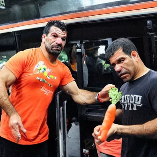 Prompt: antonio rodrigo nogueira holds a single carrot, and antonio rogerio nogueira has his hand on the bus behind them ; photo