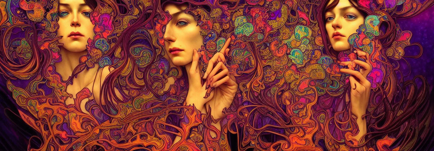 Image similar to An extremely psychedelic experience, colorful, surreal, dramatic lighting, psilocybin, LSD, centered, face, detailed, intricate, elegant, highly detailed, digital painting, artstation, concept art, smooth, sharp focus, illustration, art by Stephan Duquesnoy, Krenz Cushart and Artem Demura and alphonse mucha