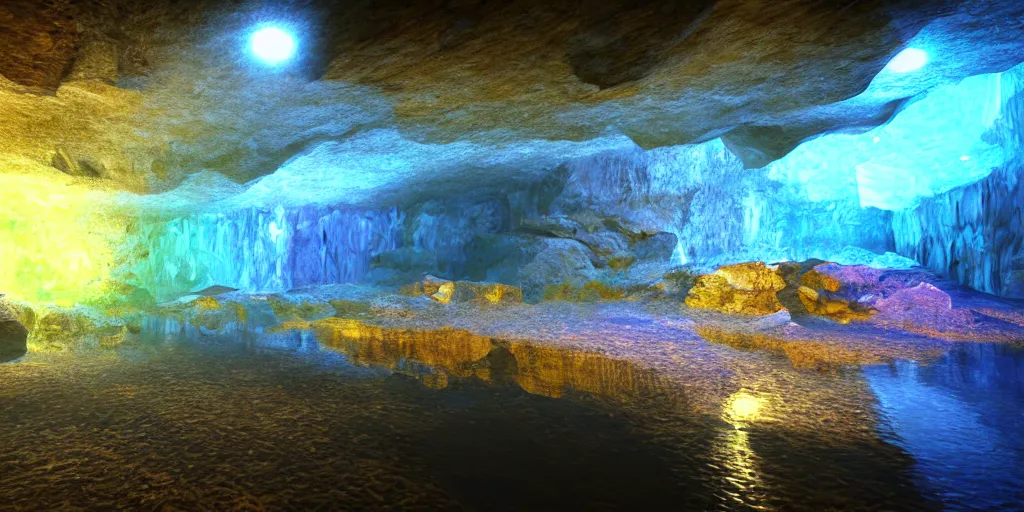 Image similar to cavern underground, crystal, vivid, water, puddles, rocky, minerals, volumetric lighting