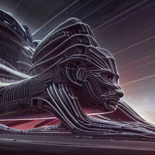 Prompt: a scene of the beautiful intricate epic futuristic cybernetic sphinx from a distance, hyper detailed, cinematic lighting