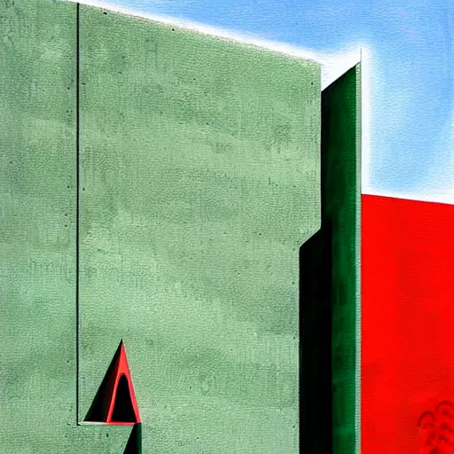 Image similar to a real concrete building with anthropomorphic qualities. a painting of sceptile by ricardo bofill. one building that reminds me of a green lizart with a red mouth. clearly a building. realistic, photograph, award winning, high wuality, high definition, contest winner, gorgeous.