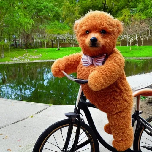 Prompt: A apricot colored toy poodle that looks like a teddy bear riding a bike in a beautiful park with a pond