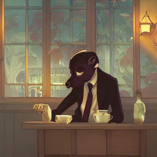 Image similar to a weasel in a suit was drinking tea, surrounded by tea houses ambient lighting, 4 k, lois van baarle, ilya kuvshinov, rossdraws, alphonse mucha, jung gi kim, artstation