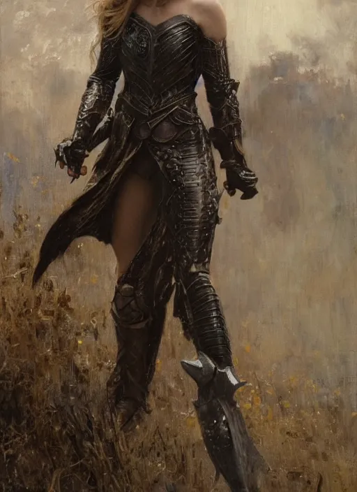 Image similar to natalie dormer wearing black medieval armour, bare legs, detailed, by gaston bussiere, bayard wu, greg rutkowski, giger, maxim verehin, greg rutkowski, masterpiece, sharp focus, cinematic lightning