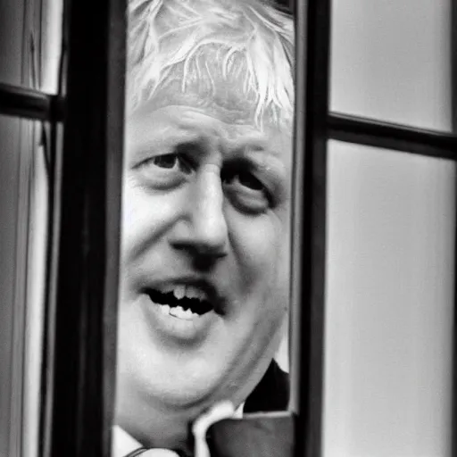 Image similar to a photo taken from the inside of an old house showing window blinds being pulled back to reveal a terrifying boris johnson with his face pressed against the window, boris ’ hand placed on the window, horrifying grin. horror, raining, night time