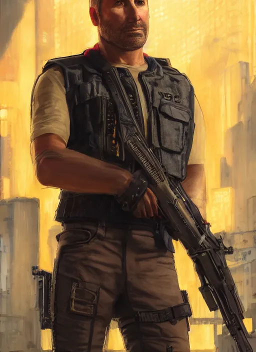 Prompt: sterling archer. cyberpunk mercenary in a military vest ( blade runner 2 0 4 9, cyberpunk 2 0 7 7 ). orientalist portrait by john william waterhouse and james gurney and theodore ralli and nasreddine dinet, oil on canvas. cinematic, hyper realism, realistic proportions, dramatic lighting, high detail 4 k