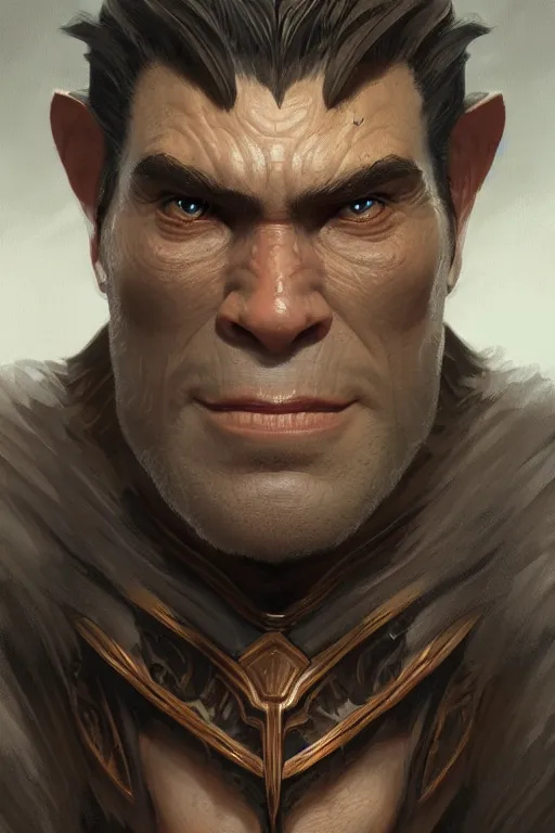 Image similar to up close portrait of a handsome half - orc, d & d, face, fantasy, intricate, elegant, highly detailed, digital painting, artstation, concept art, smooth, sharp focus, illustration, art by artgerm and greg rutkowski and alphonse mucha