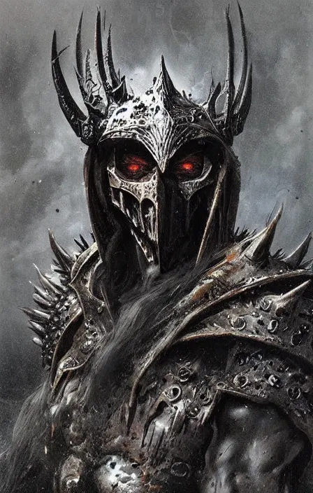 Image similar to hades in hellish ornamented armor, wearing hellish spiky war helm, beksinski, hercules concept art, weta workshop concept art