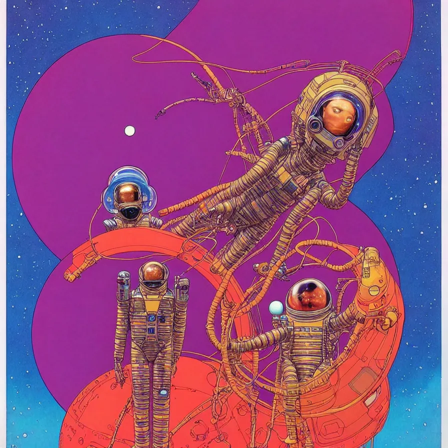 Prompt: ( ( ( ( ( alien king and astronaut talking face to face, side angle ) ) ) ) ) by mœbius!!!!!!!!!!!!!!!!!!!!!!!!!!!, overdetailed art, colorful, record jacket design